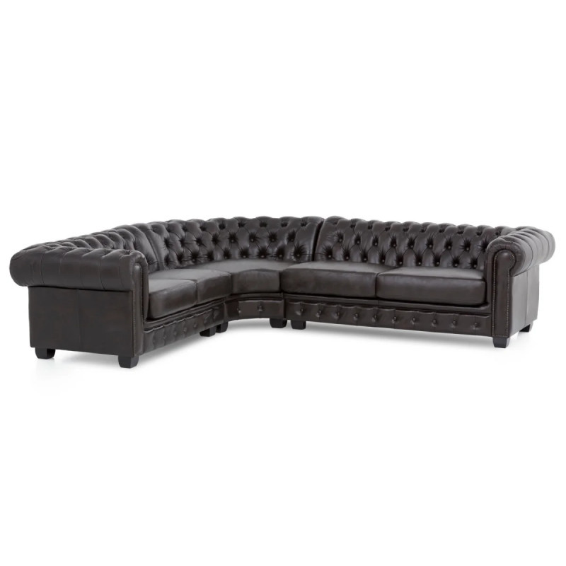 Rohová pohovka Chesterfield z pravé kůže, hnědá