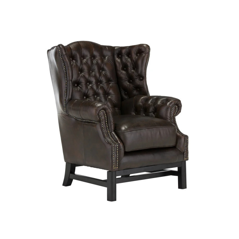Křeslo s ušákem Chesterfield Kingsfield z pravé kůže hnědé barvy