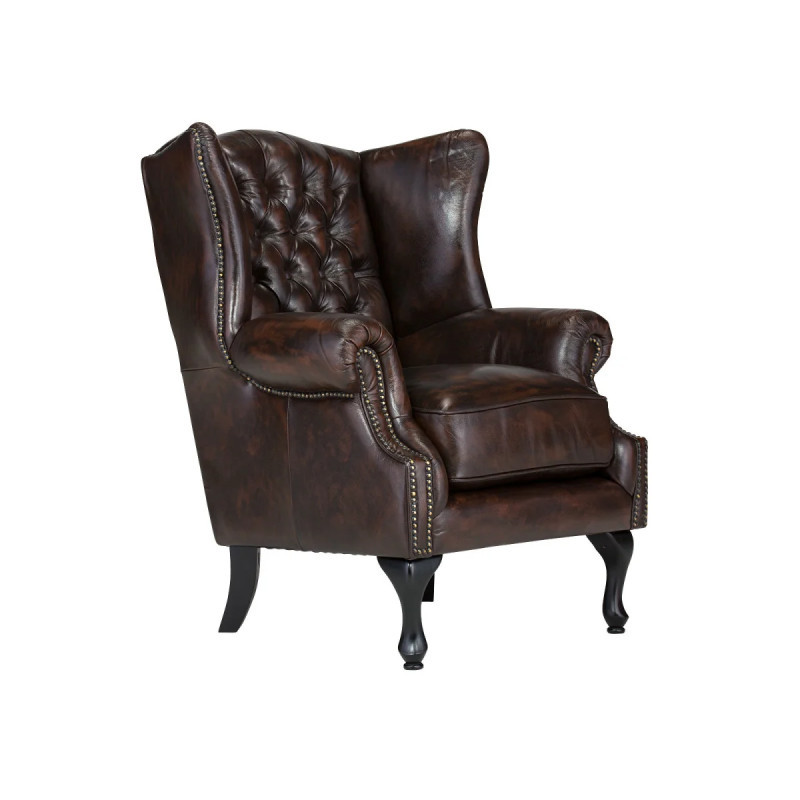 Křeslo s ušákem Chesterfield Pittsfield z pravé kůže hnědé barvy