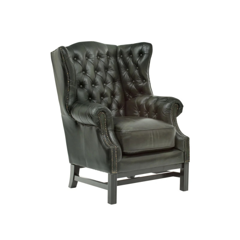 Křeslo s ušákem Chesterfield Kingsfield z pravé kůže zelené
