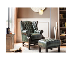 Křeslo s ušákem Chesterfield Kingsfield z pravé kůže zelené