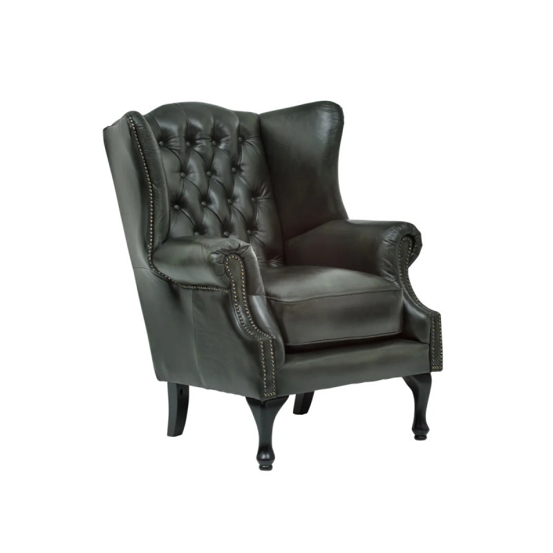 Křeslo s ušákem Chesterfield Pittsfield z pravé kůže zelené