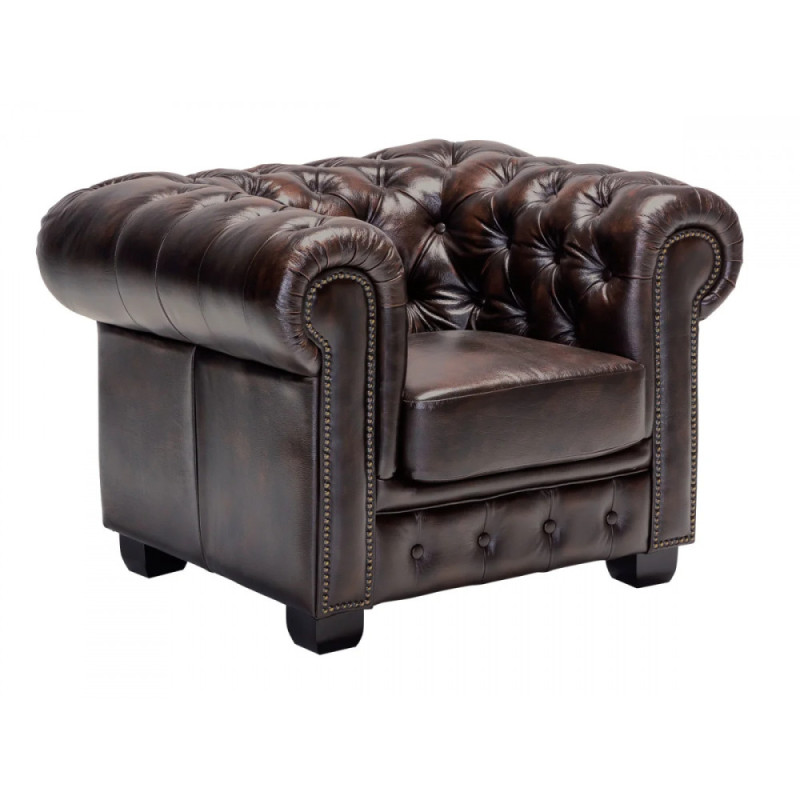 Křeslo Chesterfield z pravé kůže hnědé barvy