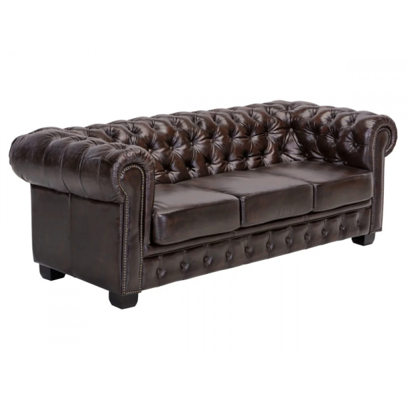 Třímístná pohovka Chesterfield z pravé hnědé kůže