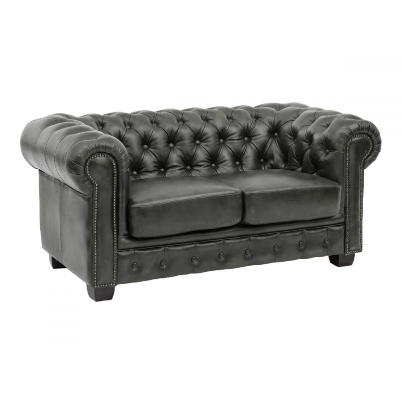 Dvoumístná pohovka Chesterfield z pravé kůže v zelené barvě