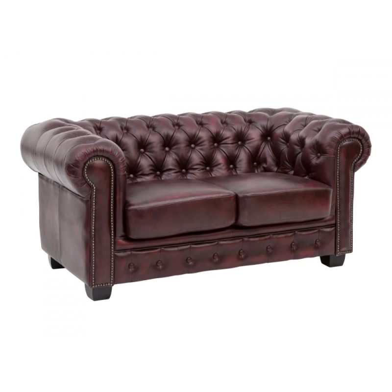 Dvoumístná pohovka Chesterfield z červené pravé kůže