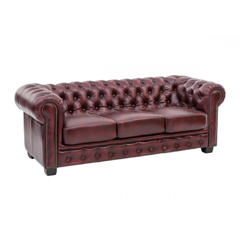 Třímístná pohovka Chesterfield z pravé kůže červené barvy