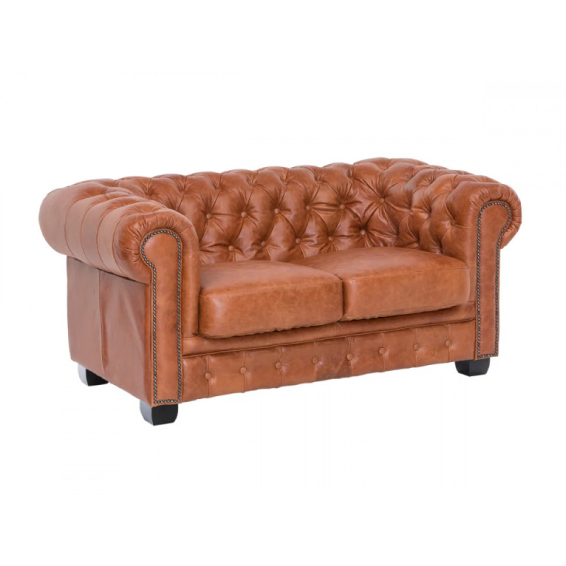 Dvoumístná pohovka Chesterfield z pravé kůže, vintage cracker
