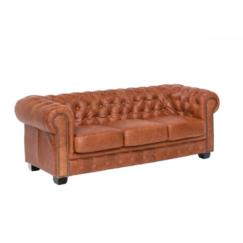 Třímístná pohovka Chesterfield z pravé kůže, vintage cracker