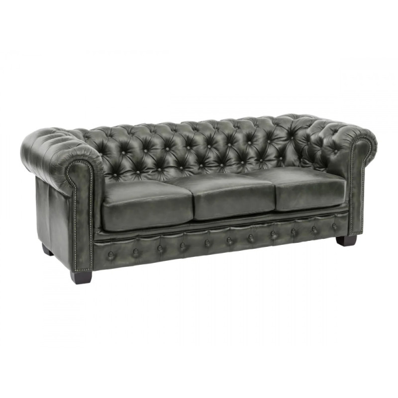 Třímístná pohovka Chesterfield z pravé kůže, zelená
